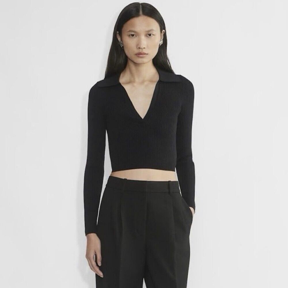 Aritzia Babaton Black Sculpt Knit Long Sleeve Polo Cropped Ribbed Knit Top XS